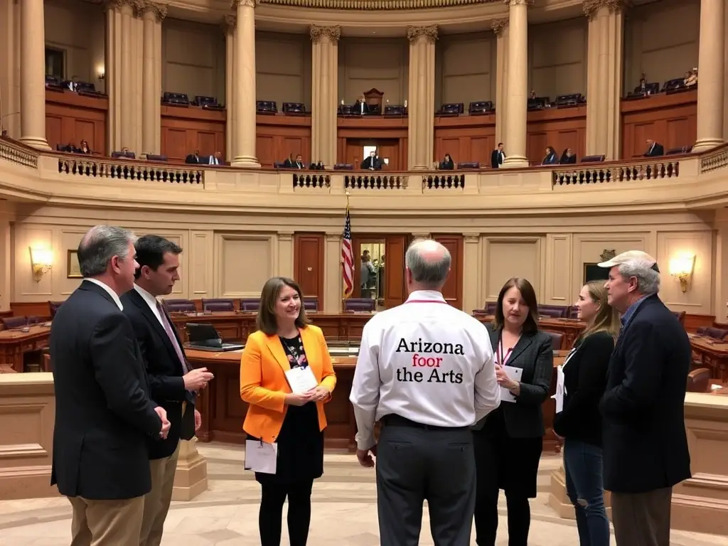 A photograph of Arizona Citizens for the Arts representatives meeting with state legislators at the Arizona State Capitol, discussing the importance of arts funding.